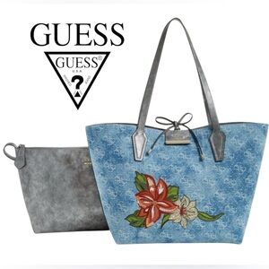 GUESS BOBBI INSIDE OUT TOTE BAG SET FLORAL REVERSIBLE DENIM EMBROIDERED